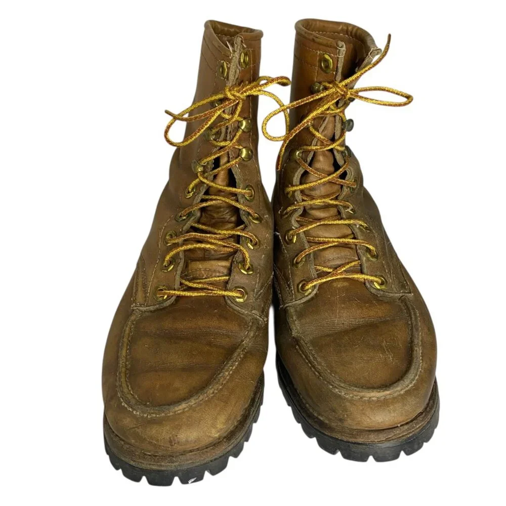 Vintage Herman Leather Work Boots Brown Lace-Up Men‎ Vibram Lug Sole 7-7.5 USA